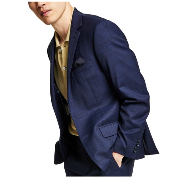 Bar Iii Mens Skinny fit Suit Jacket Blazer 40 L Navy Blue Plaid Stretch Wool