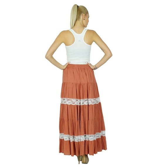 Bimba Long Flaired Cotton Lace Skirt Boho Style Maxi Elastic Waist Bottoms
