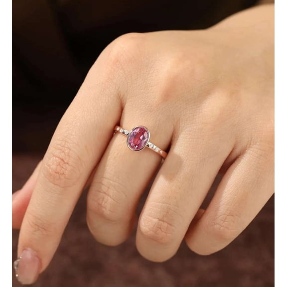 vylahjewellery Pink Gemstone October Birthstone Wedding Ring Elegant Vermeil Rose Gold Engagement Solitaire Ring Delicate Bezel Oval Promise Anniversary Handmade Jewelry for Women