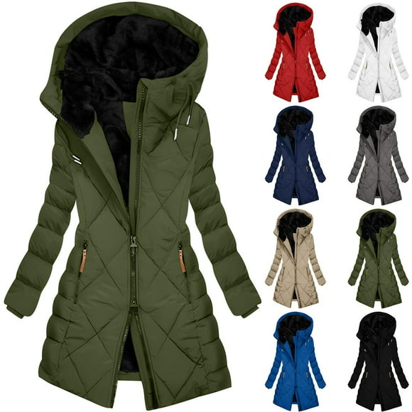 Frostluinai Women's Winter Thickened Quilted Jacket Warm Long Puffer Coat Solid Overcoat Parka with Faux Fur Removable Hood