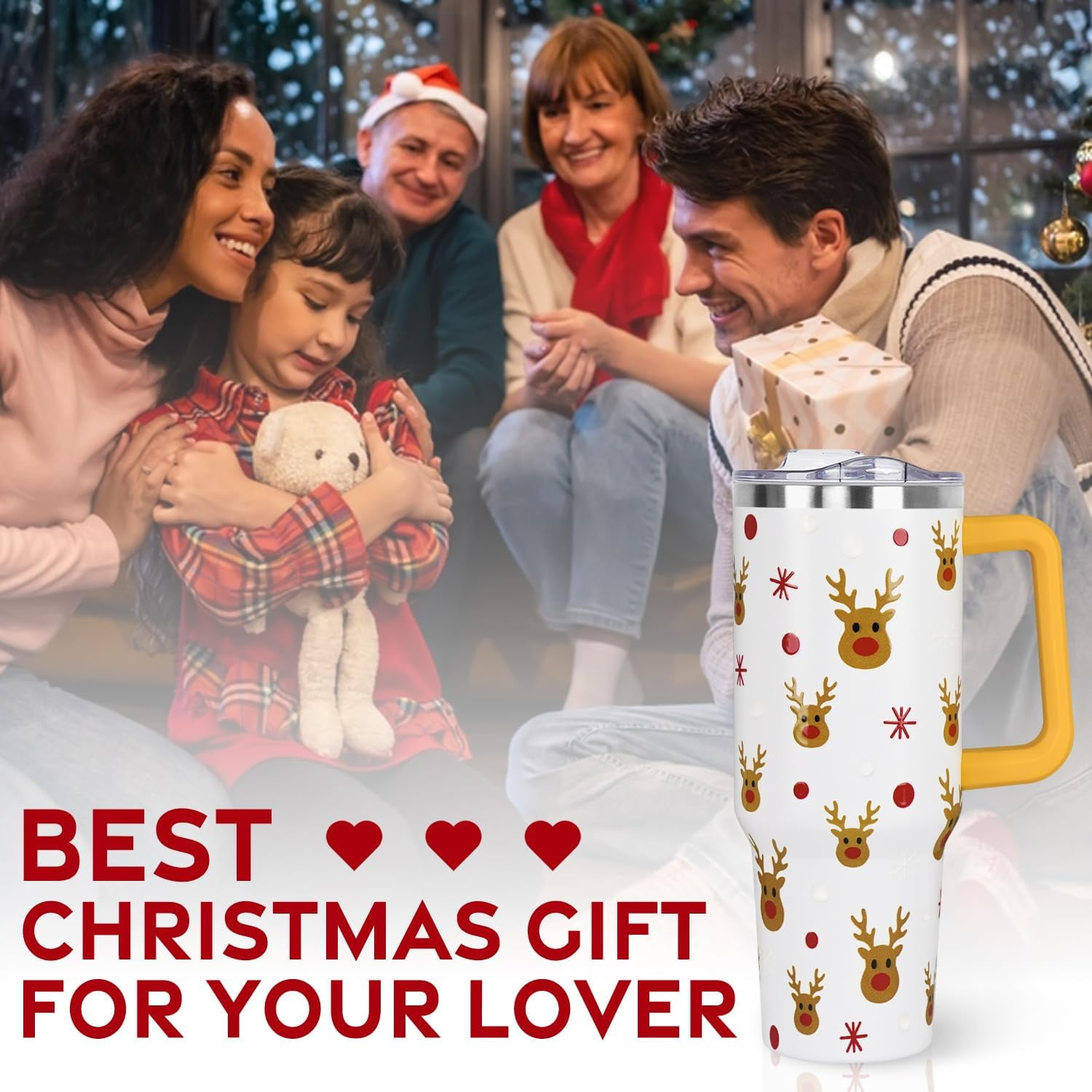 Christmas Tumbler with Handle and Straw Lid 40 oz,Cute Merry Xmas Elk Reindeer Gifts for Women Vacuum Insulated Leak Proof Tumbler,Winter Holiday Accessories Stainless Steel Coffee Cup Mug