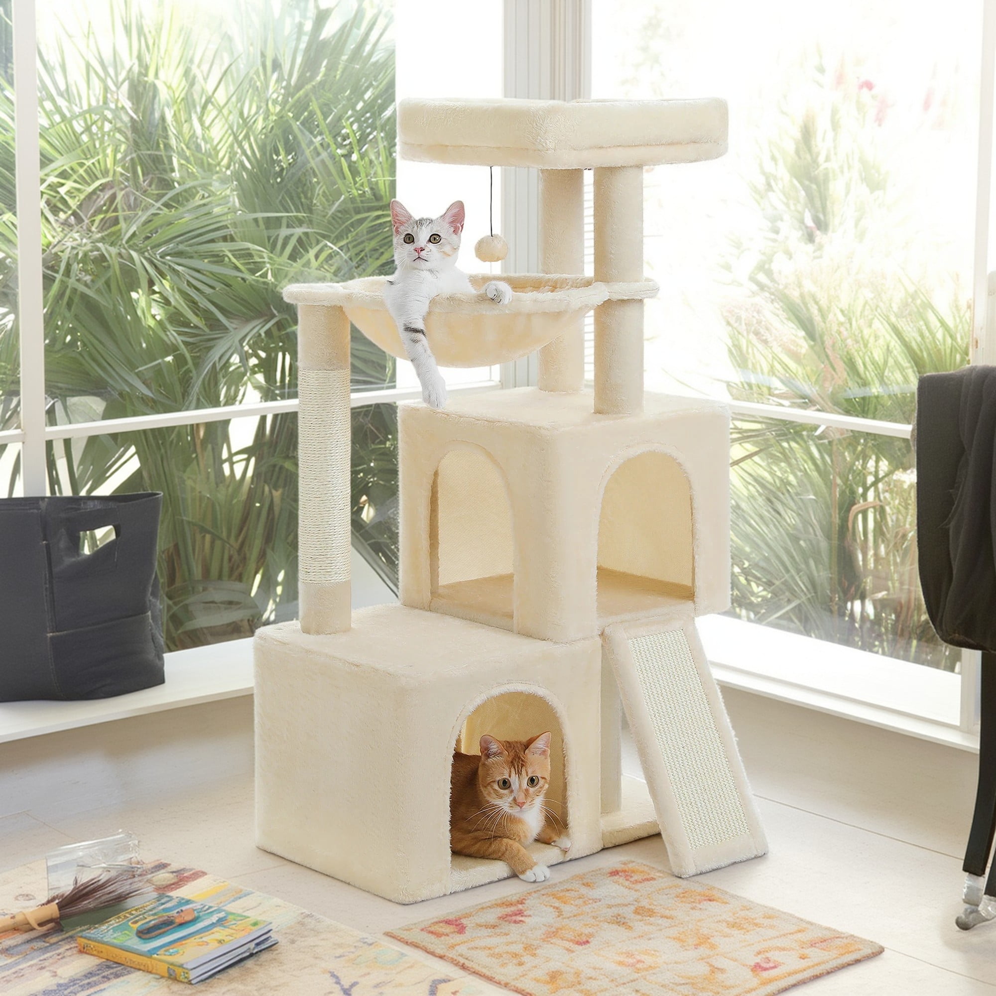 Pefilos 41" Multi-Level Cat Tree Tower with 2 Condos for Indoor Cats, Cat House with Hammock, Padded Perch, Scratching Pad, Beige