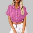 thumbnail image 2 of ZyeKqe Cotton Linen Cropped Shirts for Women Button down Short Sleeve Shirts Drawstring Hem Summer Top, 2 of 6