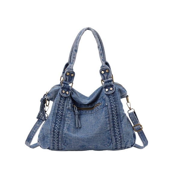 Women‘s Denim Shoulder Tote Bag, Detachable Crossbody Strap, Top Handle Hand Carry, Front Zipper Pocket