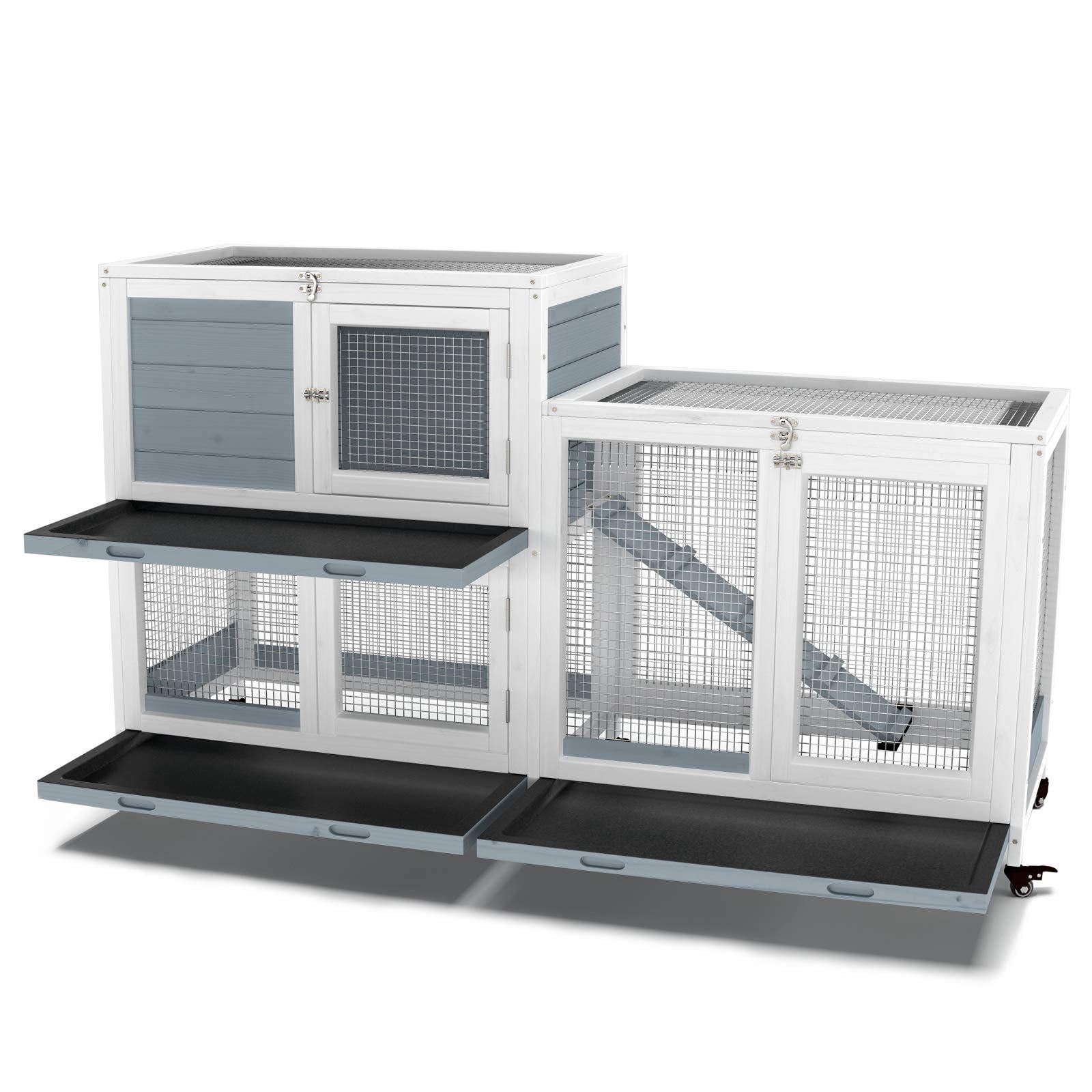 58 Inch Two Tier Wooden Rabbit Hutch Indoor Cage with Wheels for Small Pets Guinea Pig House Waterproof Leakproof Tray Grey