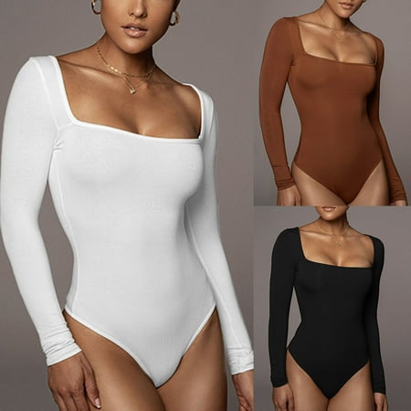 SELONE Bodysuit Romper for Women Jumpsuit Long Sleeve Seamless Romper One Piece Bodycon Shapewear Square Neck Playsuit Solid Color Light Velvet Fashion Tight Fitting Cutout Onesie