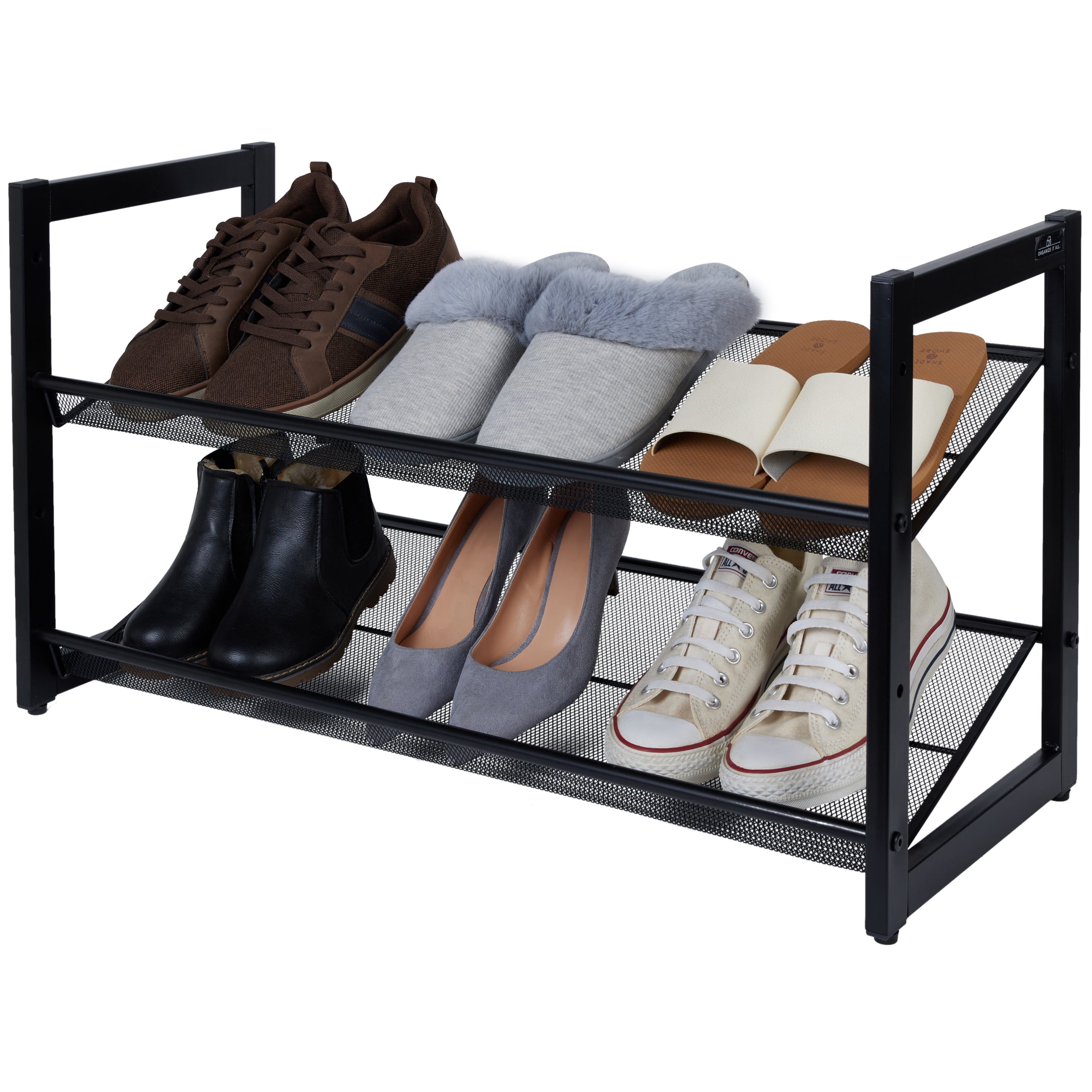 Organize It All 2 Tier Adjustable Mesh Shoe Rack in Black