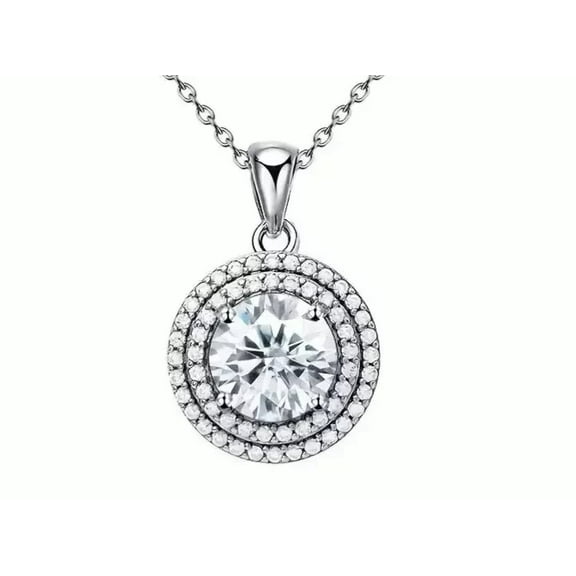 Om Jewels Double Halo Round Cut White Moissanite Women's Pendant 14K White Gold Plated Free Chain