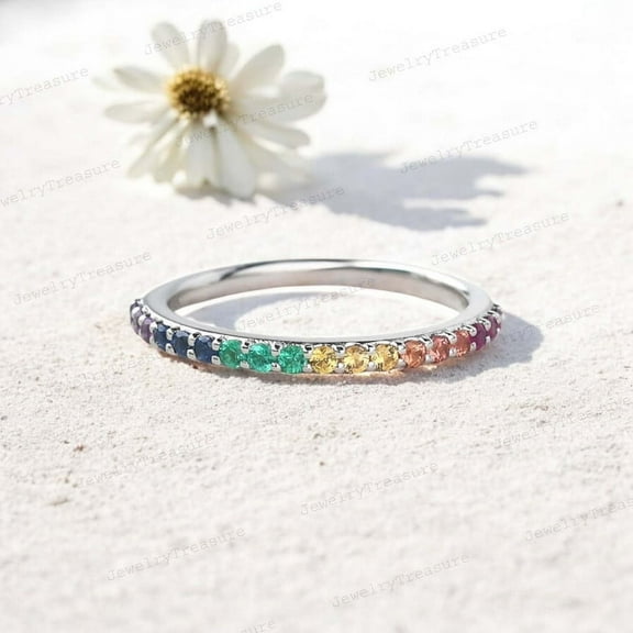 JEWELRYTREASURE 925 Sterling Silver Band 2 mm Multi Sapphire Band Half Eternity Wedding Band Promise Ring Statement Jewelry for Women Birthday Gifts