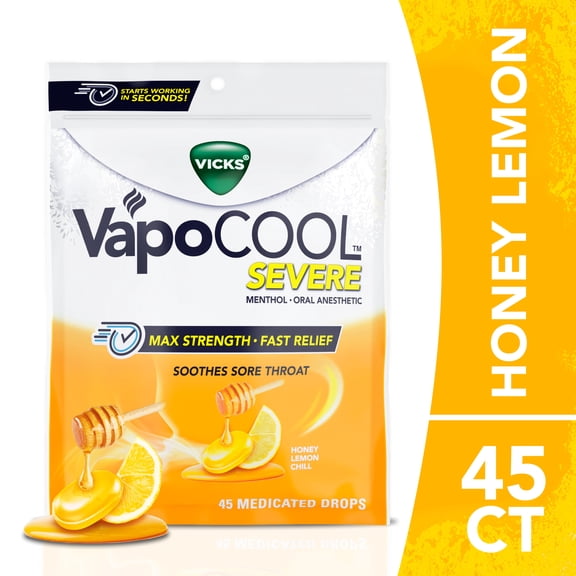 Vicks VapoCool Severe Medicated Sore Throat Drops, Menthol, Honey Lemon, 45 Count