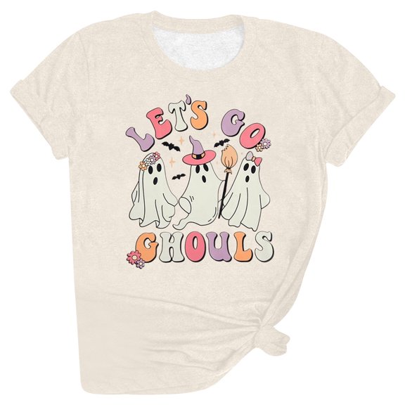 Womens Halloween T-Shirt Short Sleeve Ghost Graphic Printed Round Neck Blouses Basic Tee Tops Fall Outfit Clothes