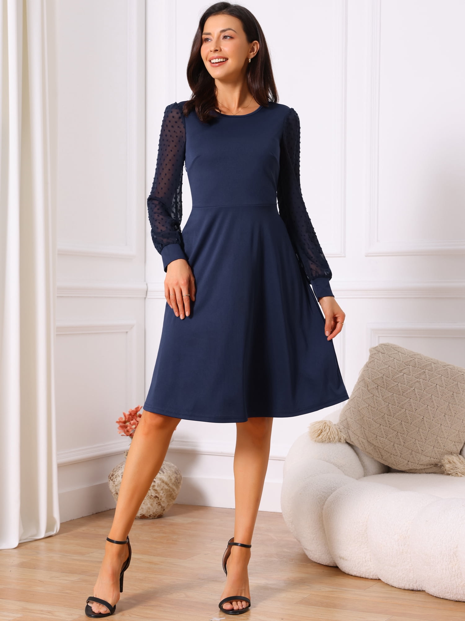 DARING DIVA Long Sleeve Round Neck Cocktail Dress S Dark Blue