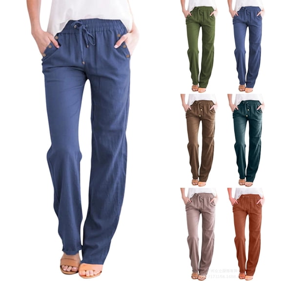 MAIHAN Women's Casual Cotton Linen Pants Fashion Drawstring Lightweight Summer Relax Fit Straight Leg Lounge Trouser(Blue,XXXL)