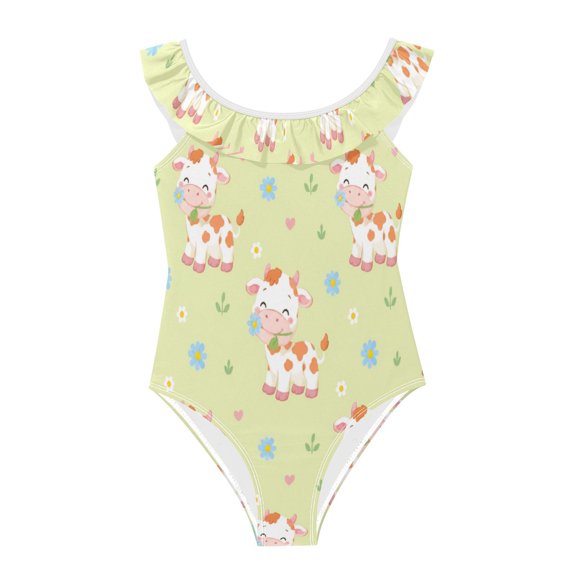 Girls Ruffled One Piece Swimsuit Summer Beach Vacation Swimwear Tank Swimsuit Cartoon Calf Pattern