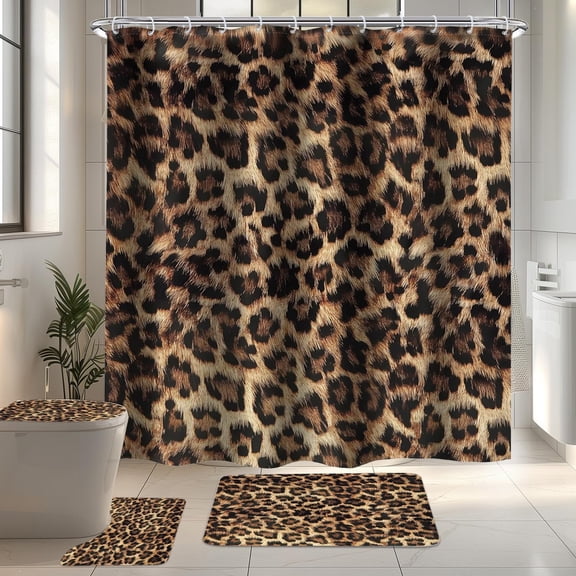 4 PCS Leopard Print Shower Curtain Set 72Wx72H,Toilet Lid Cover,Non-Slip Rugs and U-Shaped Mat,Wild Safari Cheetah Bathroom Sets with Rugs Shower Accessories 12 Hooks for Bathroom Decor