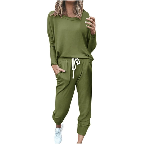 Scyoekwg Women's 2 Piece Outfits Sweatsuit Crewneck Long Sleeve Tops Elastic Waist Jogger Pants Workout Outfits Fall Outfits Solid Color Casual Fashion Loose Sweatsuits (Army Green,XXL)
