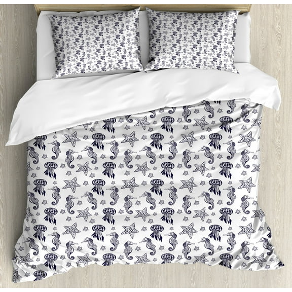Seahorse King Size Duvet Cover Set, Engraving Style Tropical Underwater Animals Pattern with Starfish Seahorse, Decorative 3 Piece Bedding Set with 2 Pillow Shams, Indigo and White, by Ambesonne