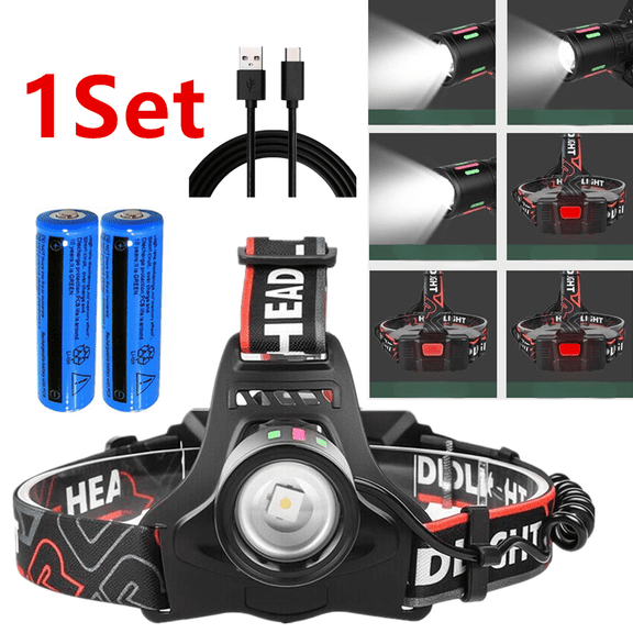 USB Rechargeable LED Headlamp Zoomable 3 Modes 30W Super Bright Head Lamp with 2 x 18650 Batteries Type-C Charging 90 °   Swivel Head for Camping Hiking Fishing Work Emergency Night Gear