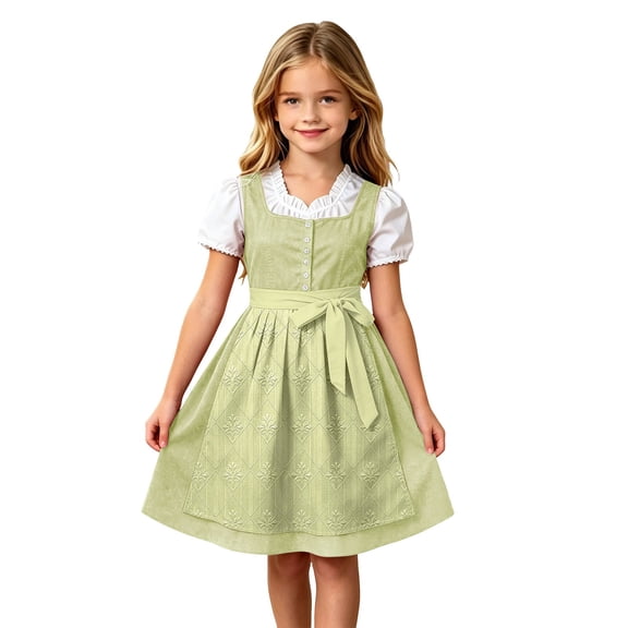 Lullu Girls Traditional Bavarian Dirndl Dress Sleeveless Square Neck Party Dress & Apron, Green, Sizes 3-12