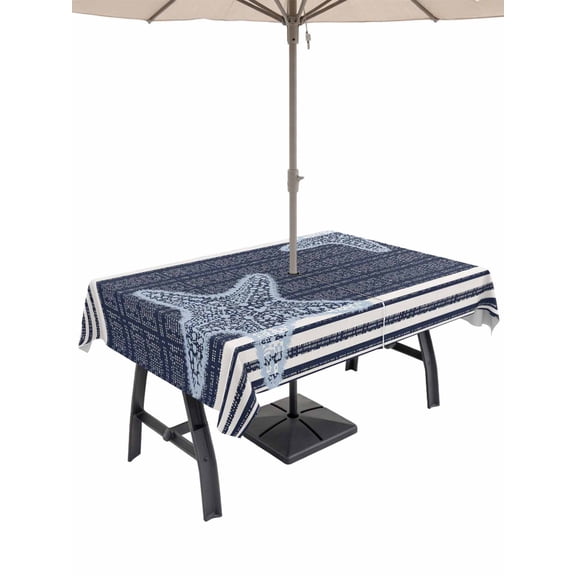 52x70 Inch Outdoor Tablecloth with Umbrella Hole Zipper Rectangle Navy Bluefish Rectangular Tablecloths Outside Waterproof Coastal Summer Beach Ocean Striped Patio Table Cloth Cover for Picnic Party