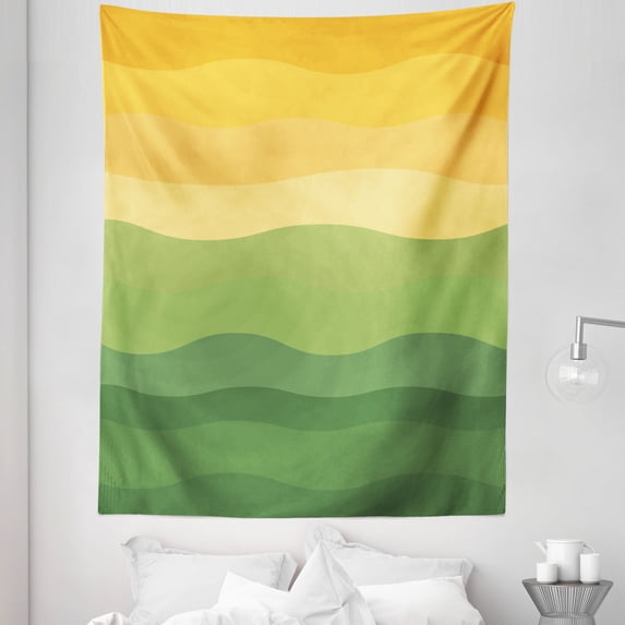 Abstract Tapestry, Green and Yellow Colored Wavy Lines Curves Earth Inspired, Fabric Wall Hanging Decor for Bedroom Living Room Dorm, 5 Sizes, Reseda Green Mustard, by Ambesonne