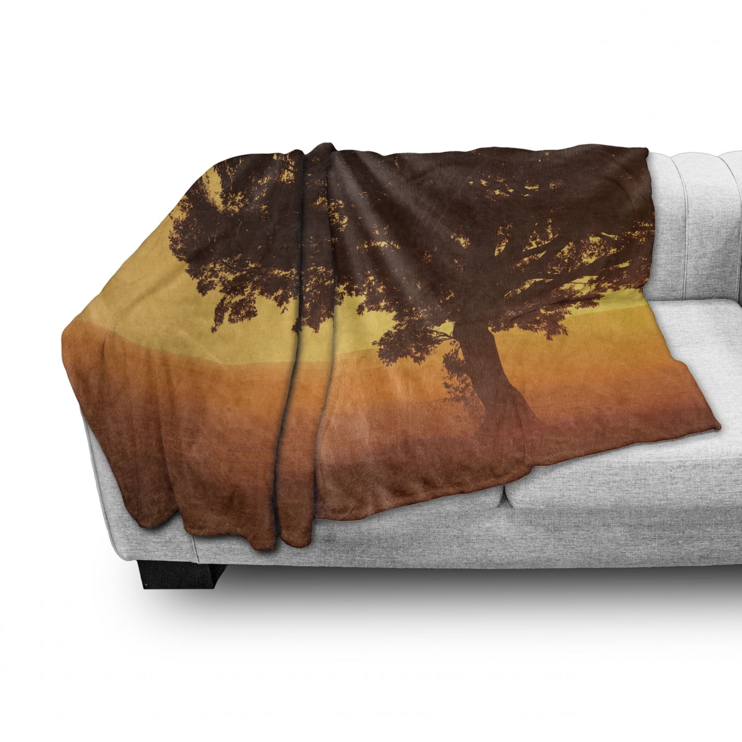 Ambesonne Tree Soft Flannel Fleece Throw Blanket Brown Orange 70 x 90 Lonely Tree on The Field at Sunrise in Warm Color Countryside Foggy Morning Scenery Cozy Plush for Indoor and Outdoor Use