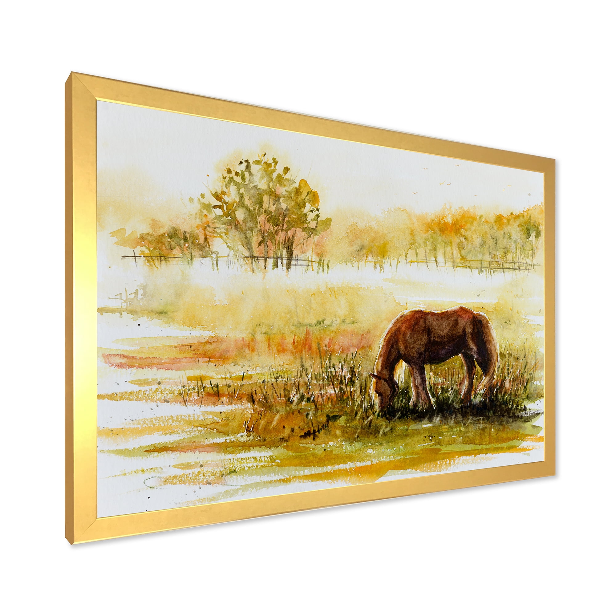 Designart 'Horse Eating Grass On A Meadow' Farmhouse Framed Art Print
