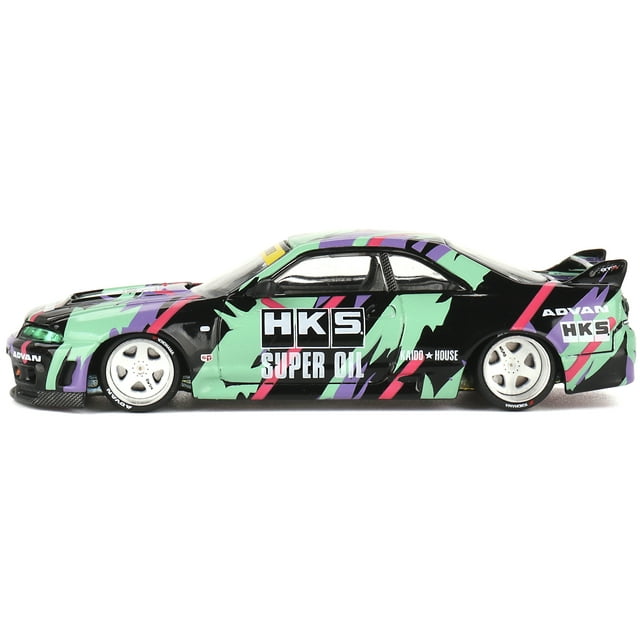 Skyline GT-R (R33) "HKS V1" RHD (Right Hand Drive) Black with Graphics (Designed by Jun Imai) "Kaido House" Special 1/64 Diecast Model Car by Mini GT