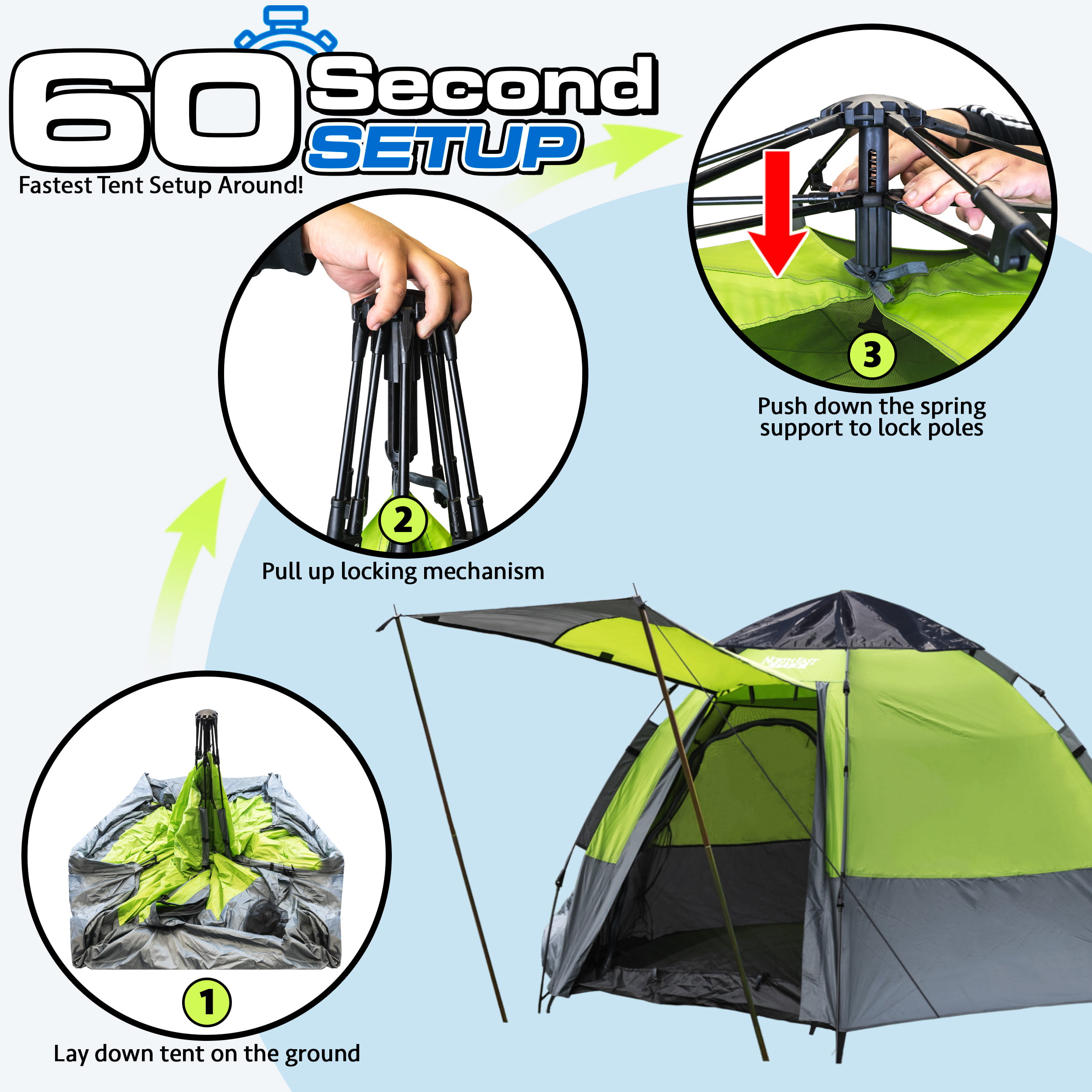 NEH 5-Person Camping Tent Instant Setup Waterproof Double Layered Material,  Green, 8.9'L x 8.9'W x 5.25'H, Portable Carry Bag Included 