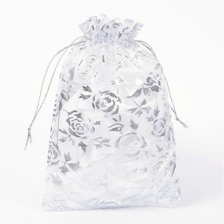 Rose Printed Organza Bags Gift Bags Rectangle White 18x13cm
