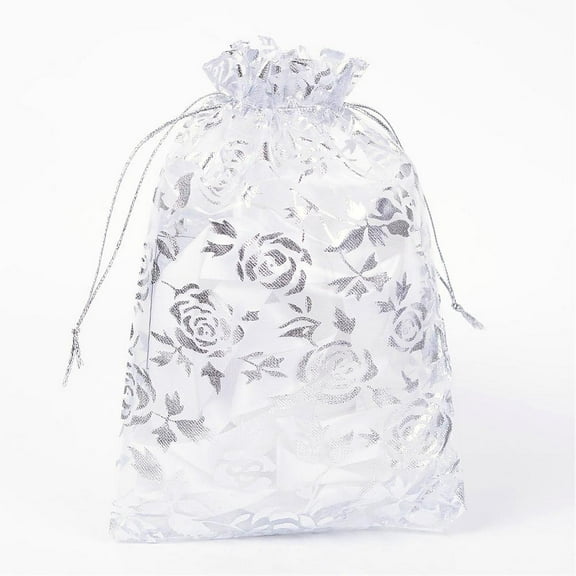 Rose Printed Organza Bags Gift Bags Rectangle White 18x13cm
