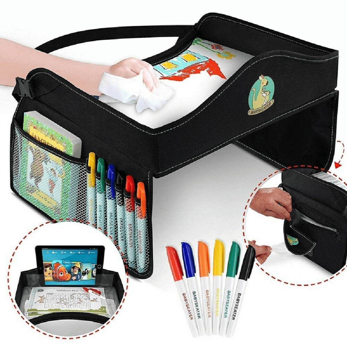 6 Mark Pens with Strong Buckles Mesh Pockets Organiser Bag Car Activity Trays Toy Organiser for Auto Stroller Pushchair Sofa Child Play Lap Tray with Dry Erasable Top Snack & Play Travel Tray