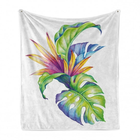 Plant Soft Flannel Fleece Throw Blanket, Tropical Leaves and Monstera Abstract Color Scheme Hawaiian Floral Elements, Cozy Plush for Indoor and Outdoor Use, 50" x 60", Multicolor, by Ambesonne