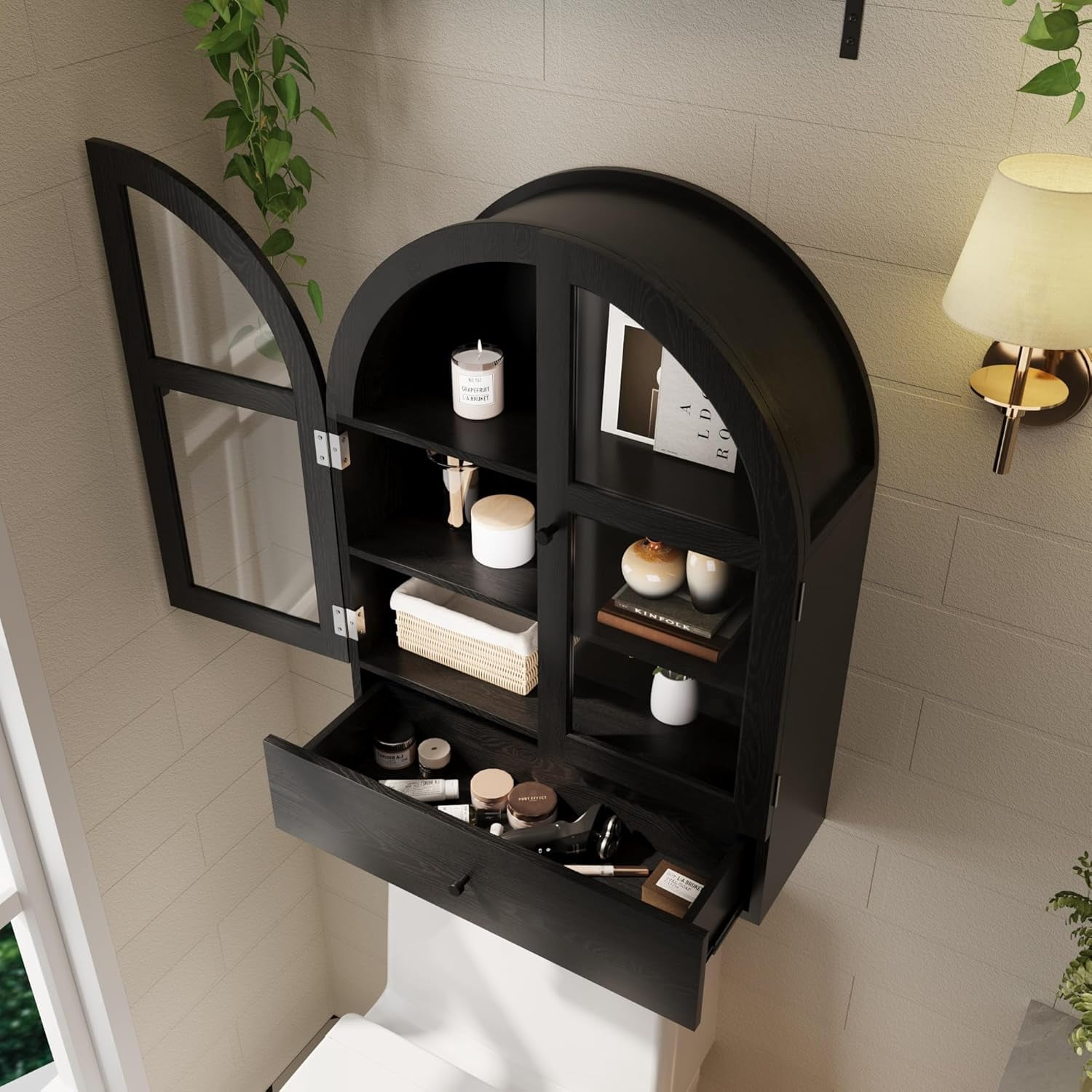 Wall Mounted Arched Medicine Cabinet, Bathroom Storage Cabinet with Glass Doors, Over The Toilet Floating Cabinet for Bedroom Kitchen, Black
