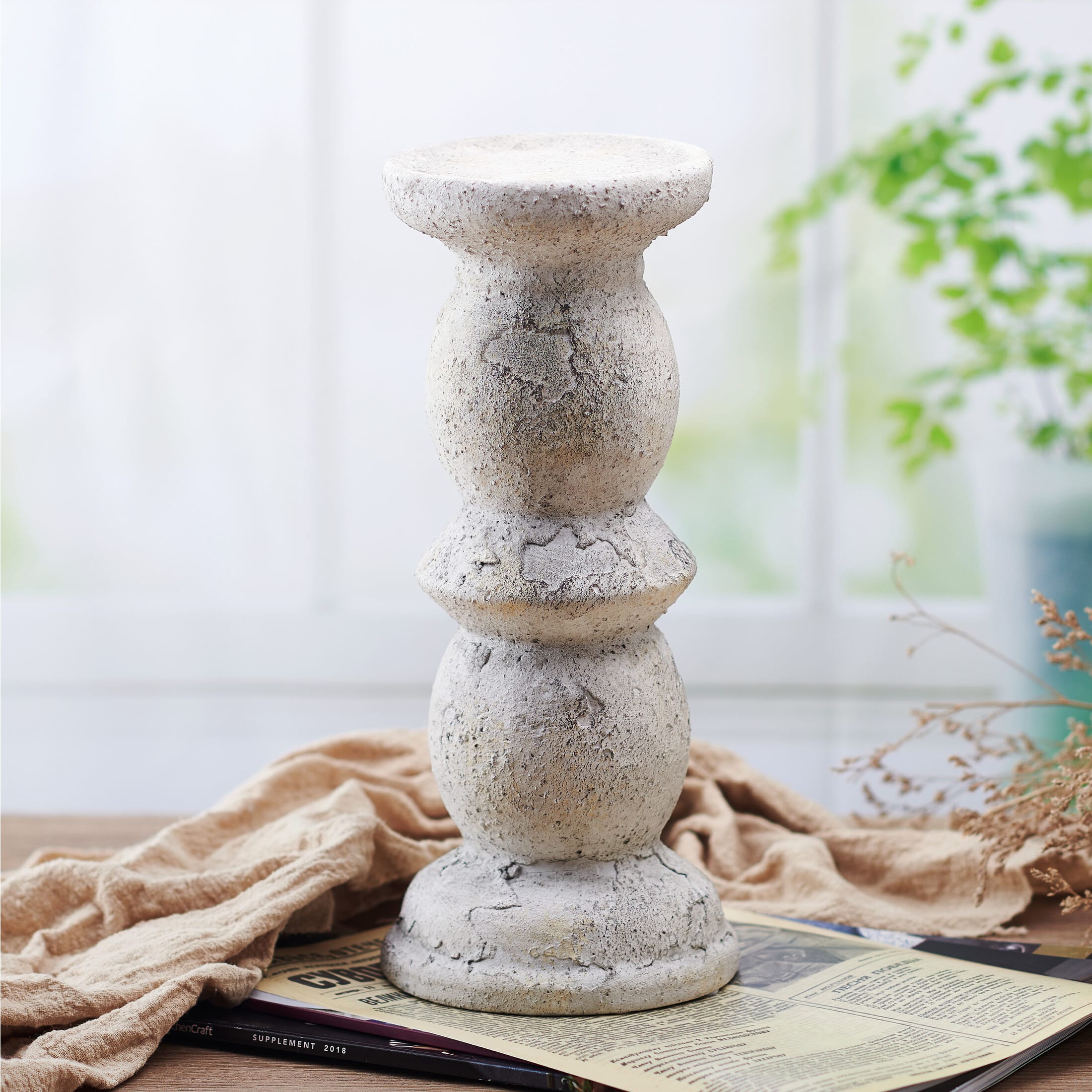 Elements 11.81 inch Textured Ceramic Candle Holder, White