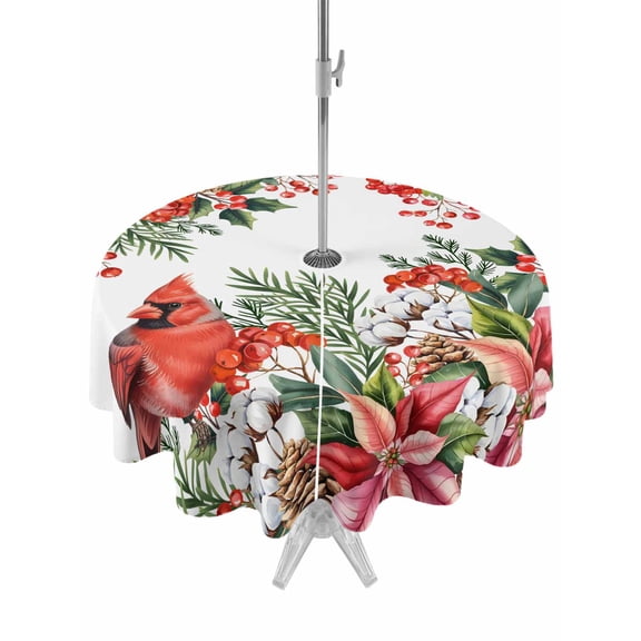 Outdoor Tablecloth with Umbrella Hole and Zipper, Cardinal Bird Round Table Cloth 54 Inch Waterproof Tablecloth, Winter Poinsettia Berry Pine Cones Floral Picnic Table Cover for Patio Camping