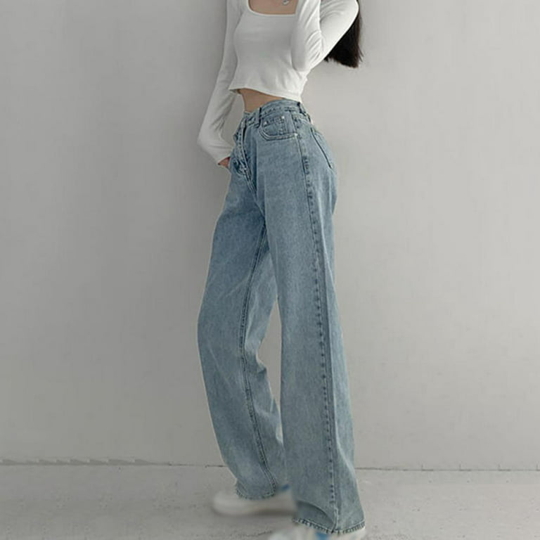 TINKER Women\'s Pull-on Boyfriend Jeans, Baggy Cross Over Asymmetric Retro  Jean, High-waist Design, Washed Straight Denim Pant Vintage 90s Streetwear