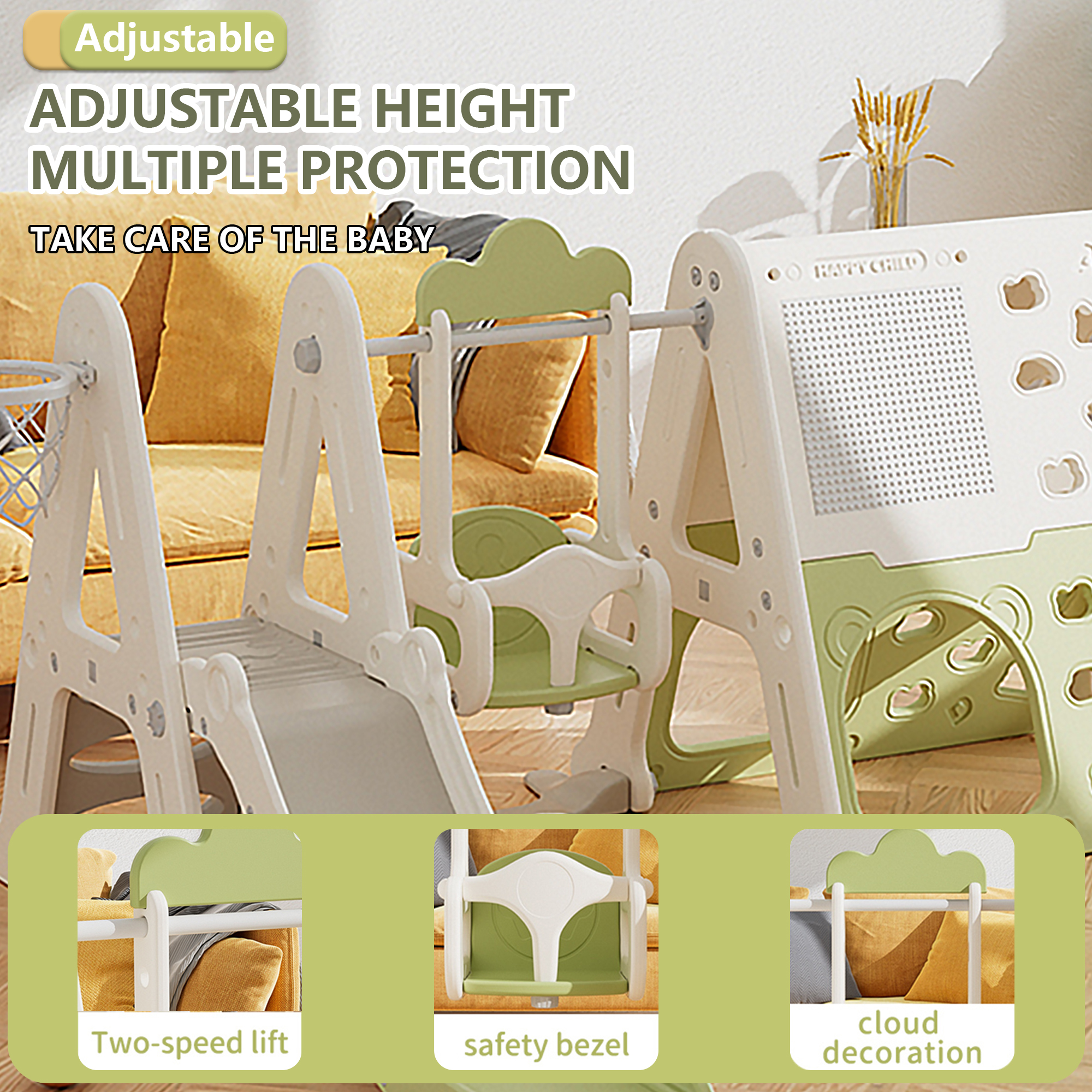 Toddler Slide, 8 in 1 Kids Indoor Slide for Toddlers 1-3, Kids Playground for Indoor Outdoor with Basketball Hoop Climbing playground and Swing , Indoor Outdoor Slide Playset,Green