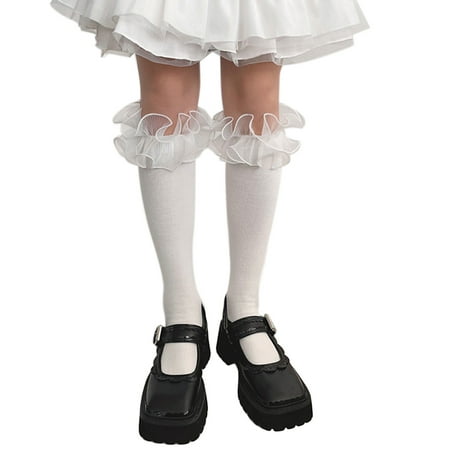 

Women Girls French Style Cotton Knee High Socks Vintage Wrinkled Organza Lettuce Ruffled Lace Trim Lolita Kawaii Student High Tube Stockings
