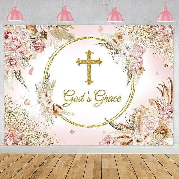 God Bless Backdrop Baptism Backdrop for Girls Baby Shower Party Decorations Pink Boho God's Grace Background First Holy Communion Christening Banner Photoshoot Props