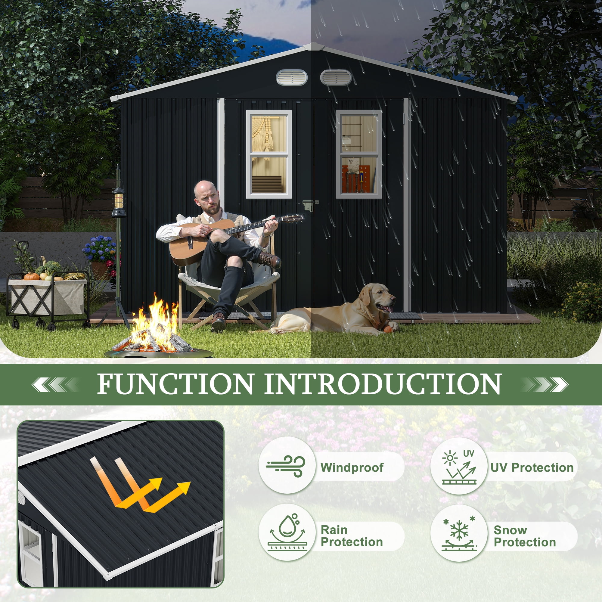 DTTRA 8 x 10 ft Outdoor Metal Storage Shed with 4 Window and Lockable Door, Waterproof Outside Storage Building for Garden, Backyard, Tool Storage Use, Easy to Install, Dark Gray