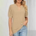 thumbnail image 2 of Stylish Olyvenn Womens Summer Business Casual Blouses Eyelet V Neck Puff Short Sleeve Shirts Hollow Out Cute Lace Tops Khaki S, 2 of 6