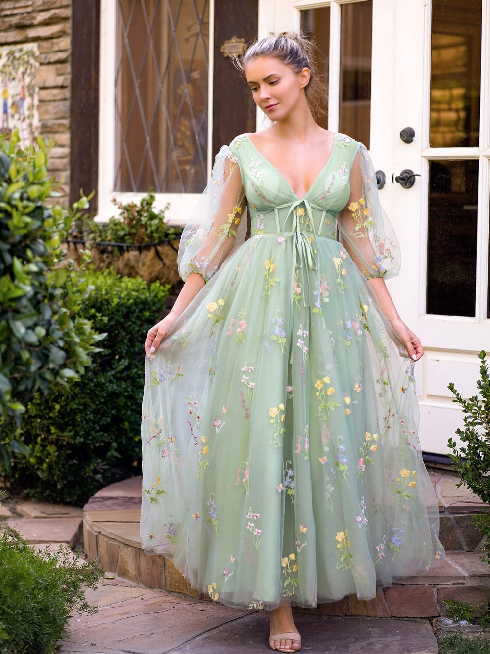 sachin and babi light blue dress Square Neck Embroidery Tea-Length Tulle Puff Sleeves Floral Corset Pro