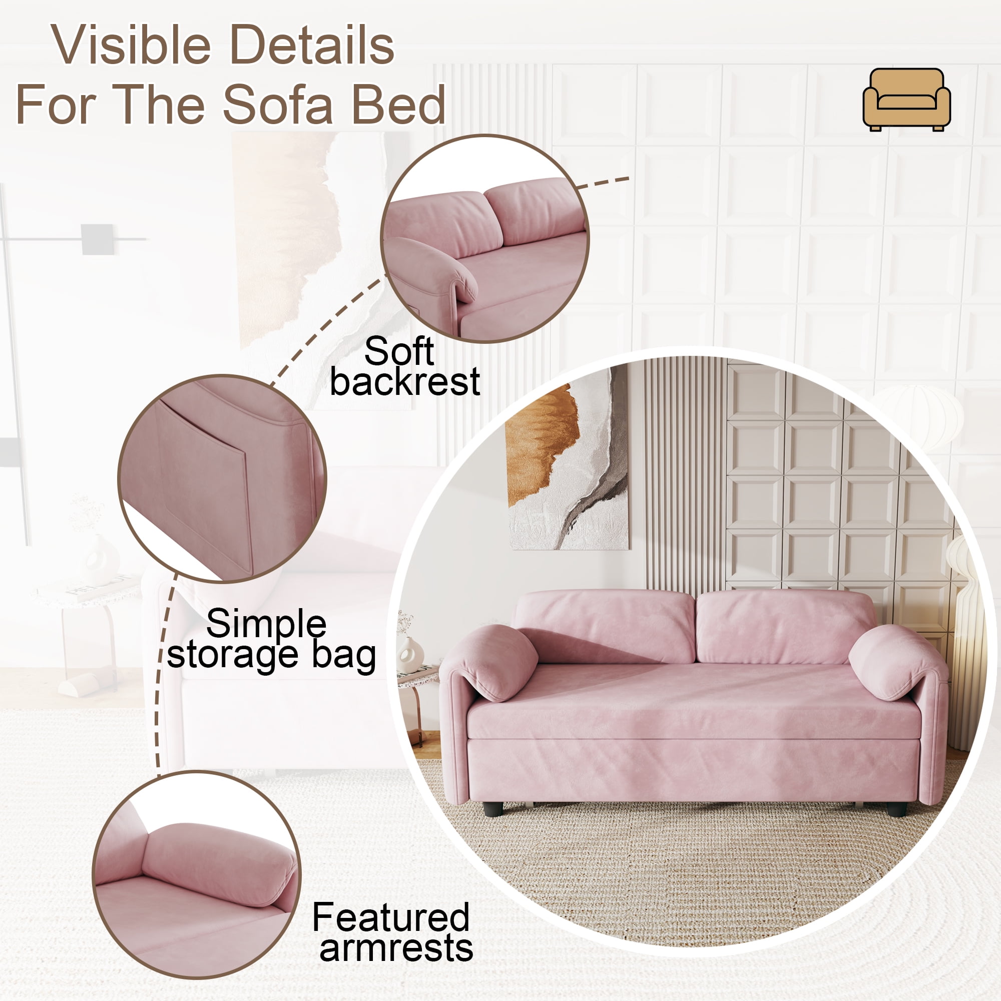 54" Velvet Futon Sofa Bed Convertible Sleeper Sofa Bed Pull Out Sofa Bed With Adjustable Backrest for Living Room,Office,Pink