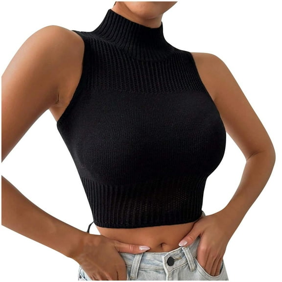 High Neck Crop Tank Tops for Women 2025 Summer Fashion Slim Fitted Sleeveless Shirts Solid Color Basic Blouses (S, Black)