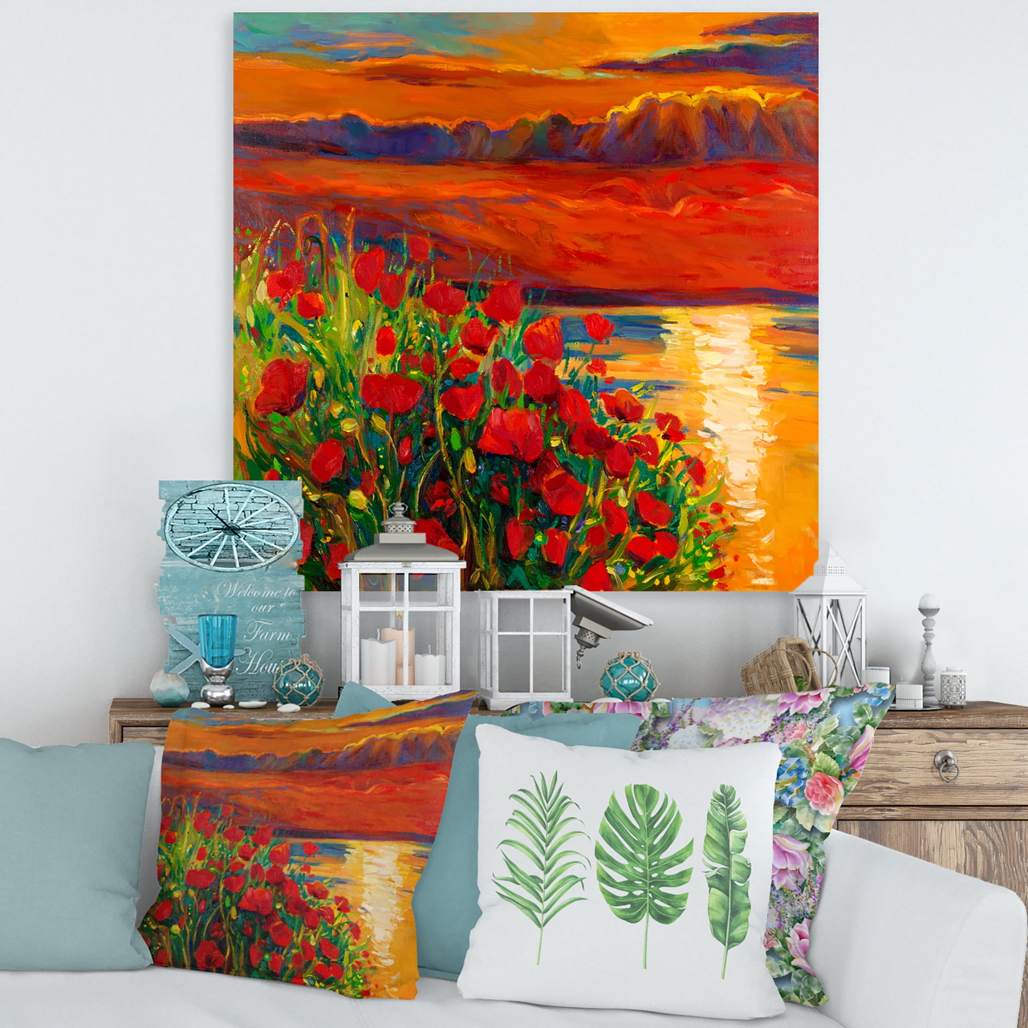 Designart ' Red Poppies By The Ocean During Evening Glow ' Nautical & Coastal Canvas Wall Art Print