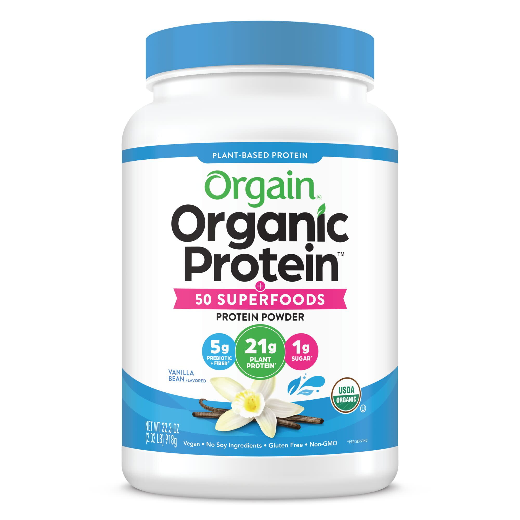 Orgain Organic Plant Based Protein + Superfoods Powder, Vanilla Bean, 21g Protein, 2.02 lb