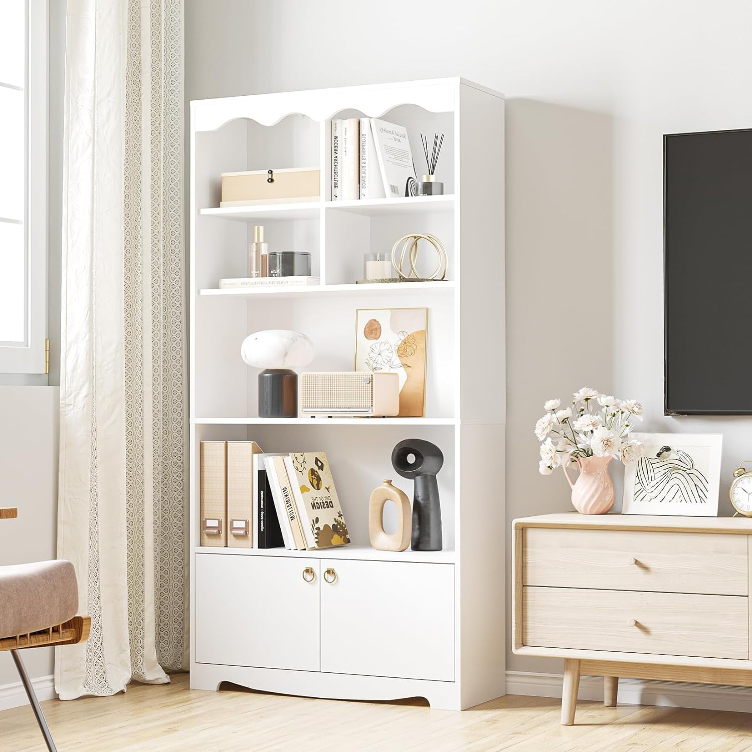 Jojoka 5-Tier White Bookcase, 63 Inch Tall Bookshelf with Open Storage Shelves & Doors, Modern Wooden Floor Standing Display Storage Shelves, Home Decor Furniture for Office, Living Room, Bedroom
