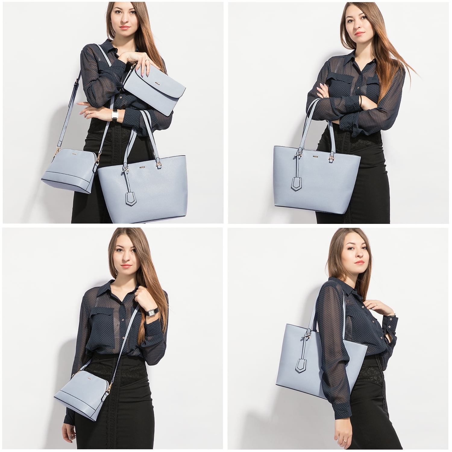 Lovevook Purse for Women,Fashion Tote Bag Shoulder Handbags Top Handle Satchel Bags with External Pocket-3pcs & Pale Blue