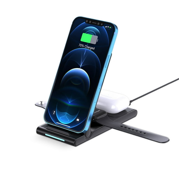 MMOBIEL Wireless Charger Stand Compatible with iPhone, Apple Watch and AirPods - Foldable 3-in-1 Wireless Fast Charger Compatible with Qi Magsafe Charging-Wireless Charging Stand for Phone - Black
